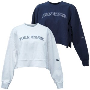 women's white and navy crew sweatshirts with stitched Penn State across chests